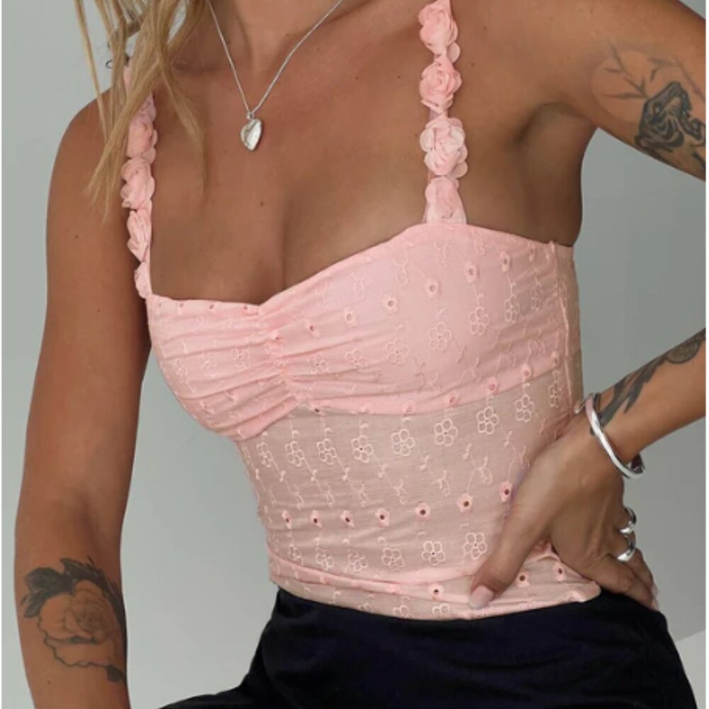 Pink Eyelet Top with Rosette Straps Size 8, Princess Polly